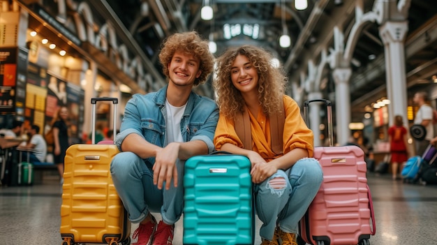 Foto una giovane coppia felice e sorridente con le valigie all'aeroporto per un viaggio di partenza internazionale