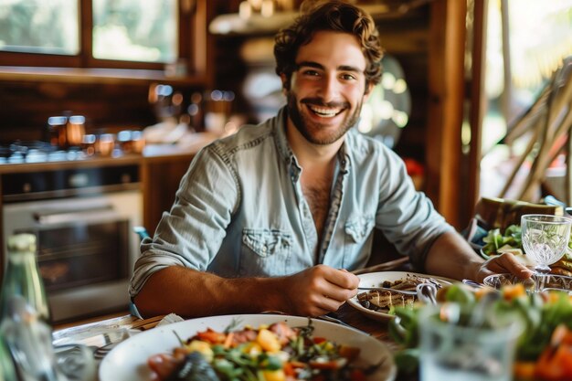 Happy smiling young man eating a food in a rustic style dinner