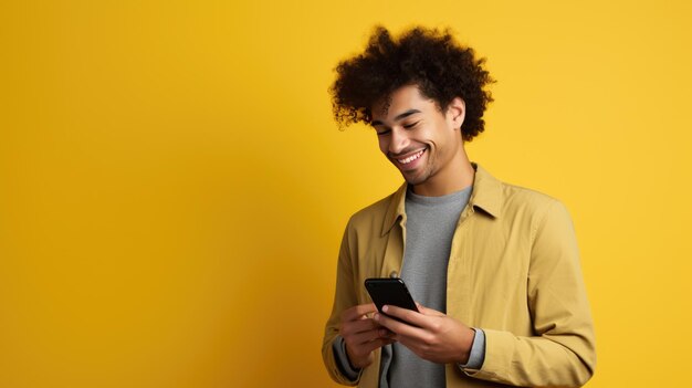행복 한 미소 짓는 젊은이 가 색 의 배경 에 전화 를 사용 하고 있다