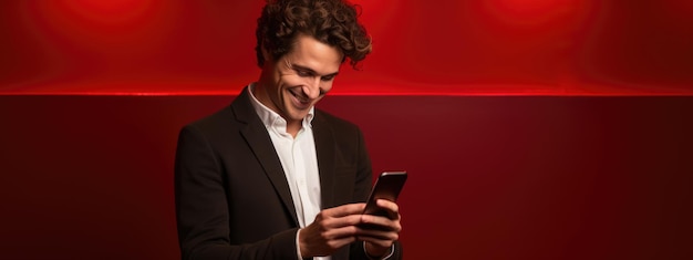 Happy smiling young man using his phone on a colored background