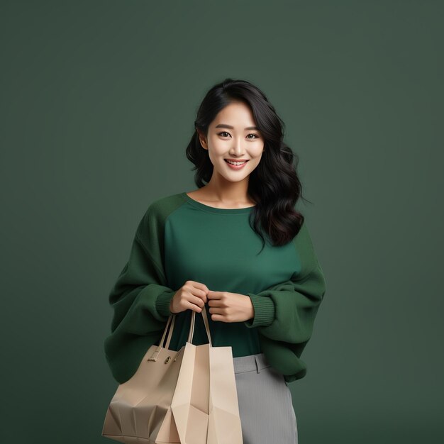 Photo happy smiling young woman holds empty brown craft paper bag for takeaway mockup