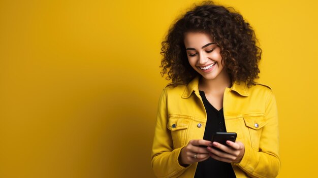 Happy smiling young woman is using her phone on a colored background