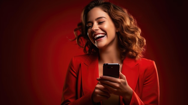Happy smiling young woman is using her phone on a colored background
