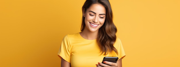 Happy smiling young woman is using her phone on a colored background