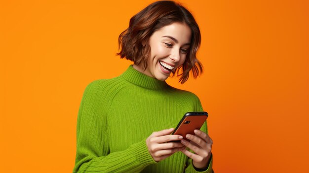 Happy smiling young woman is using her smartphone against orange background