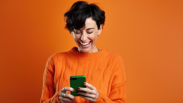 Happy smiling young woman is using her smartphone against orange background