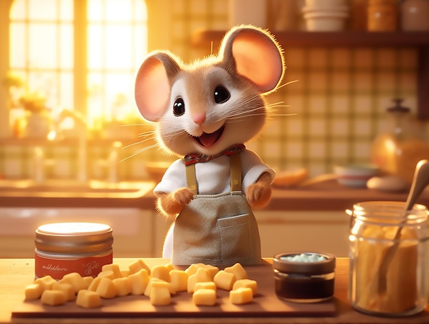 A happy smilling mouse standing behind the counter in their cottage kitchen in the sunset