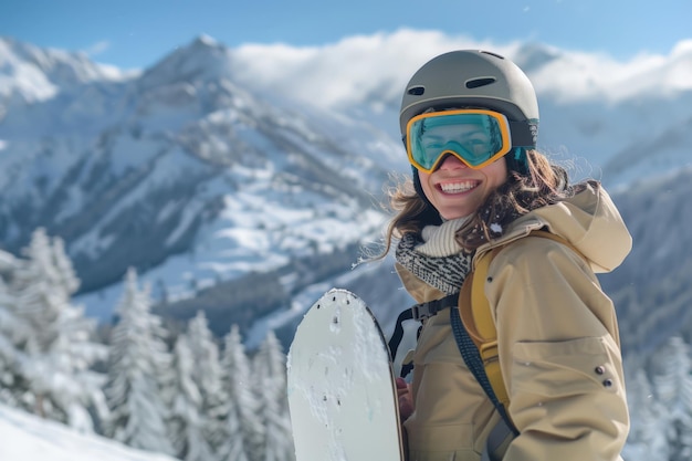 Happy Snowboarder Holding His Board on a Mountain Peak