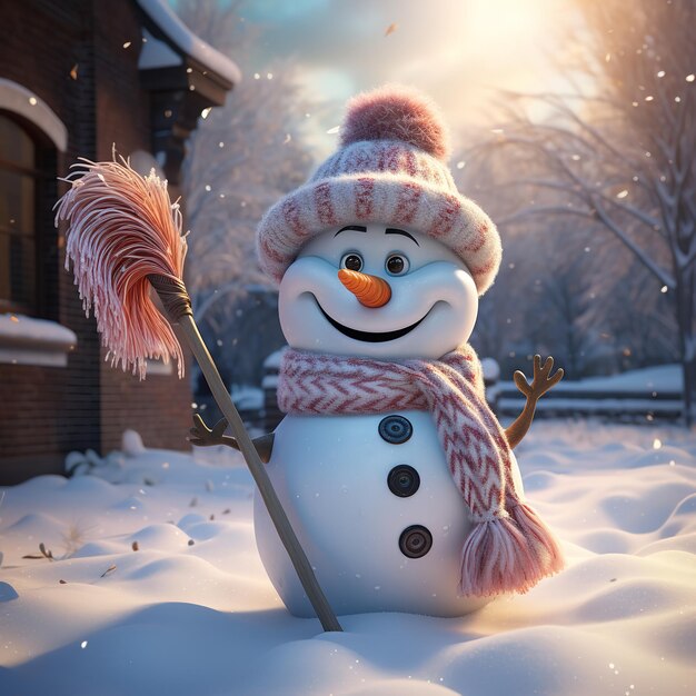 Happy snowman in the snow with broom and winter ai generative