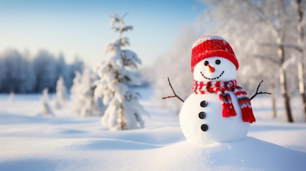 Happy snowman in a snowy landscape