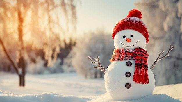 Happy snowman in a snowy landscape