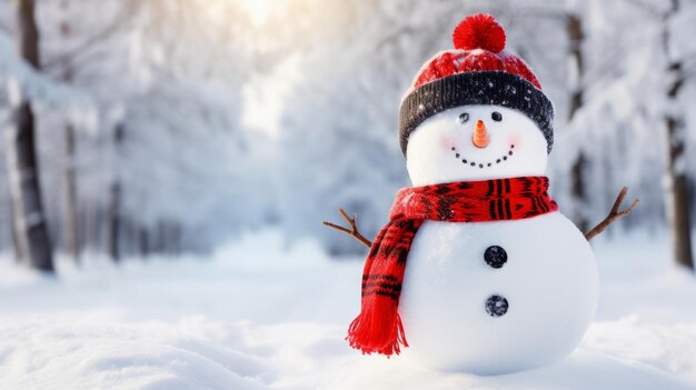 Happy snowman in a snowy landscape