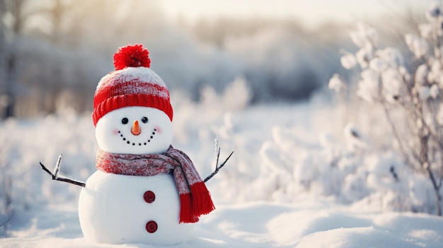Счастливый снеговик в снежном пейзаже