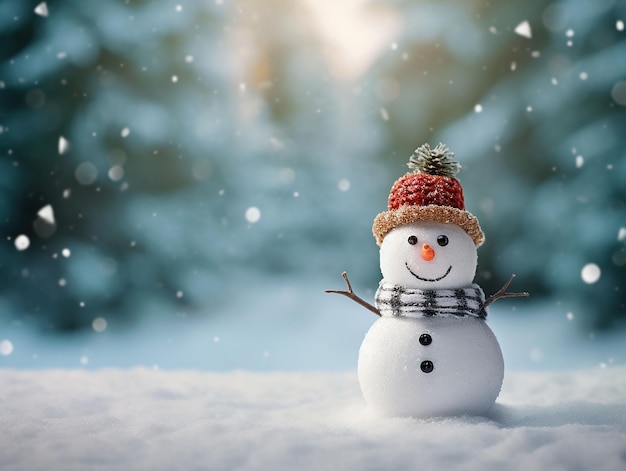 Happy snowman standing in Christmas landscape copy space