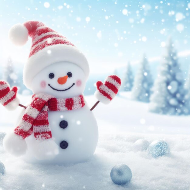 Фото Счастливый снеговик, стоящий в рождественском пейзаже