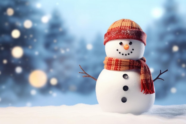 Счастливый снеговик стоит на зимнем рождественском пейзаже Снежный размытый фон Генеративная иллюстрация AI