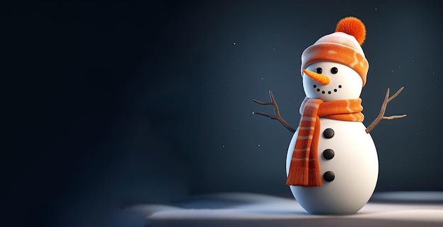 Happy snowman standing with a orange scarf and woollen hat on a dark background Generative AI