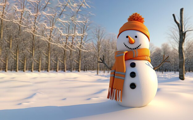 Happy snowman standing with a orange scarf and woollen hat at sunset Generative AI