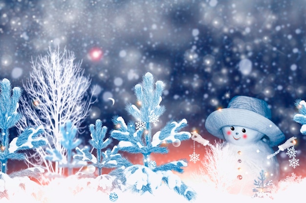 Happy snowman Winter landscape Merry christmas and happy new year greeting card