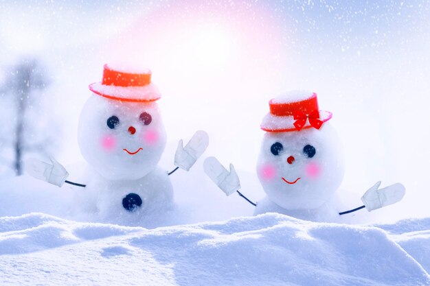 Happy snowman Winter landscape Merry christmas and happy new year greeting card