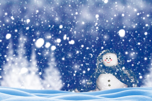 Happy snowman Winter landscape Merry christmas and happy new year greeting card