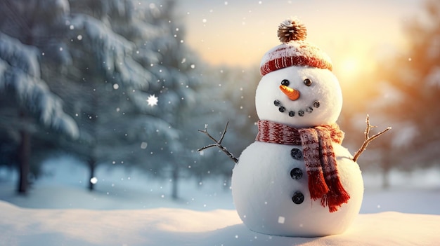 冬の風景の幸せな雪だるま