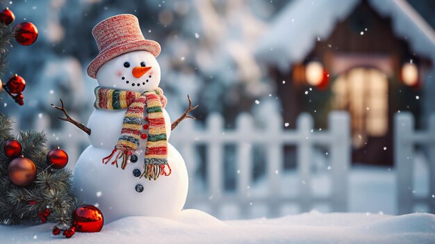 Photo happy snowman in winter scenery for design banner ads covers and invitation generative ai