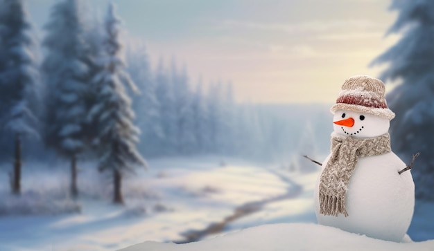 Happy snowman in winter scenery with copy space blurred bokeh snow magical white landscape background Merry Christmas and Happy New year card Winter wonderland nature