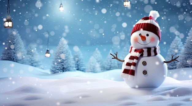 Счастливый снеговик в зимнем пейзаже