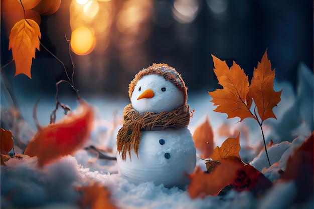 Happy snowman in winter secenery background