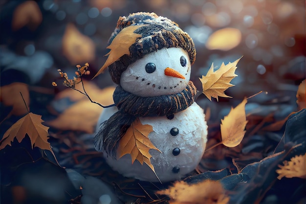 Happy snowman in winter secenery background