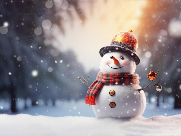 happy snowman in winter secenery with copy space