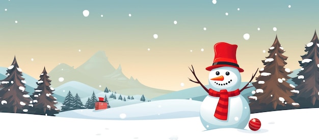 happy snowman with bright red hat and mittens in a snowy landscape