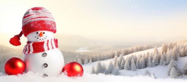 Happy snowman with bright red hat and mittens in a snowy landscape