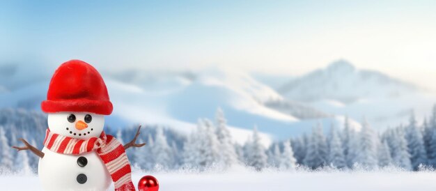 Foto pupazzo di neve felice con cappello rosso brillante e guanti in un paesaggio innevato