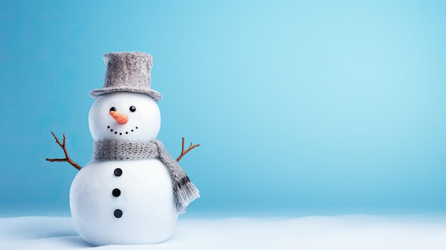 Happy snowman with hat and wool scarf on blue background generative ai