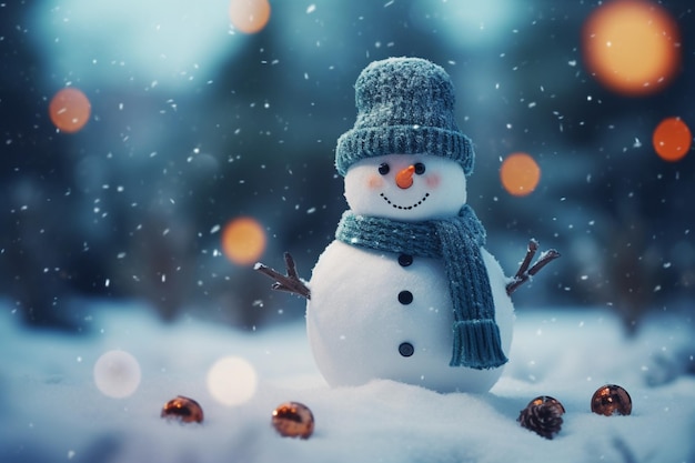 Happy snowman with winter landscape and snow
