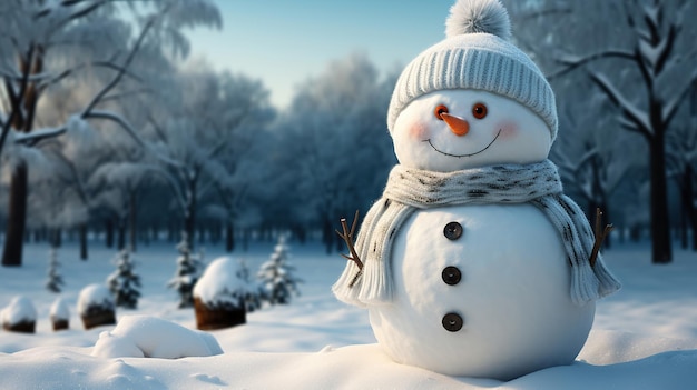 코피스페이스와 함께 겨울 크리스마스 풍경에 서 있는 행복한 스노우맨 생성 AI