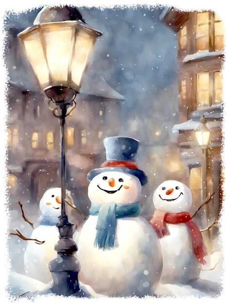 Happy Snowmen In Winter Illustration