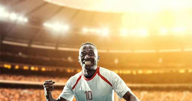 happy soccer player celebrate a victory on a professional football stadium