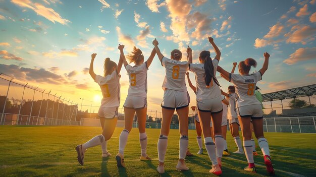 Photo happy soccer player and her teammates embracing after scoring a goal during the match