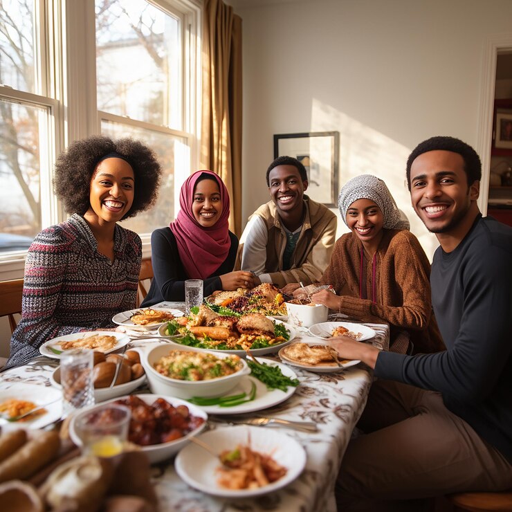 Happy Somali friends enjoying thanksgiving lunch at restaurant