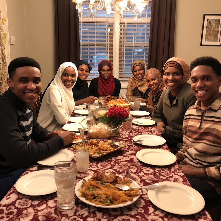 Happy Somali friends enjoying thanksgiving lunch at restaurant