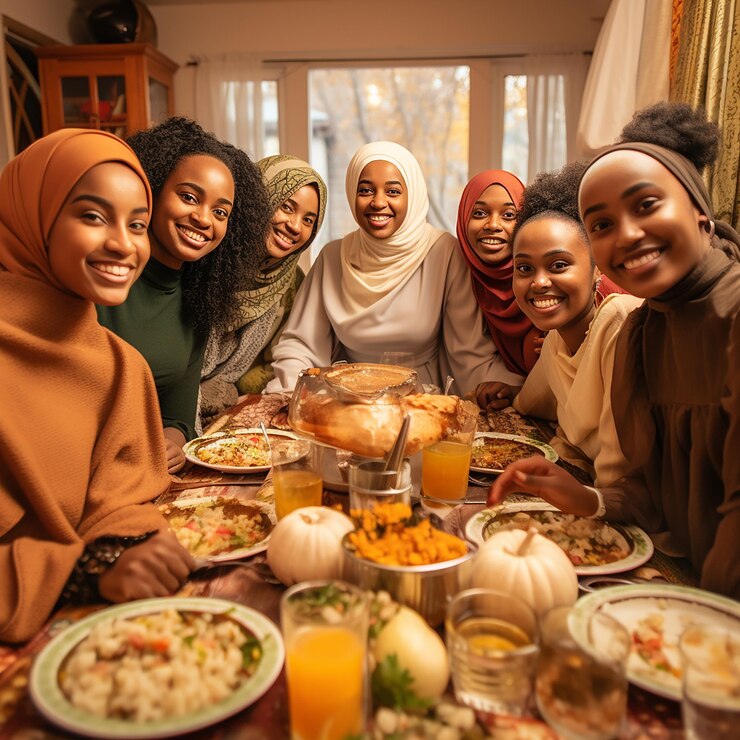 Happy Somali friends enjoying thanksgiving lunch at a restaurant