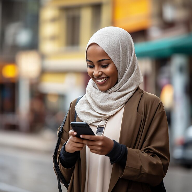 Happy Somali girl looking at her mobile phone
