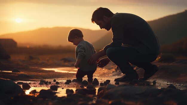 Foto figlio felice e padre che giocano insieme