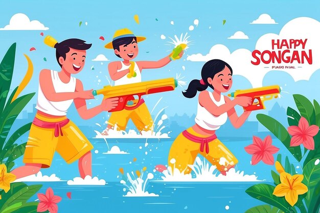 Photo happy songkran festival day illustration with playing water gun in thailand celebratio