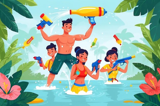 Happy Songkran Festival Day Illustration with Playing Water Gun in Thailand Celebratio