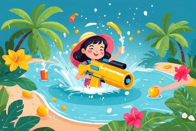 Photo happy songkran festival day illustration with playing water gun in thailand celebratio