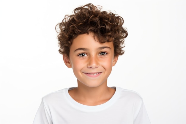 Счастливый испанский мальчик улыбается камере, изолированный на белом фоне